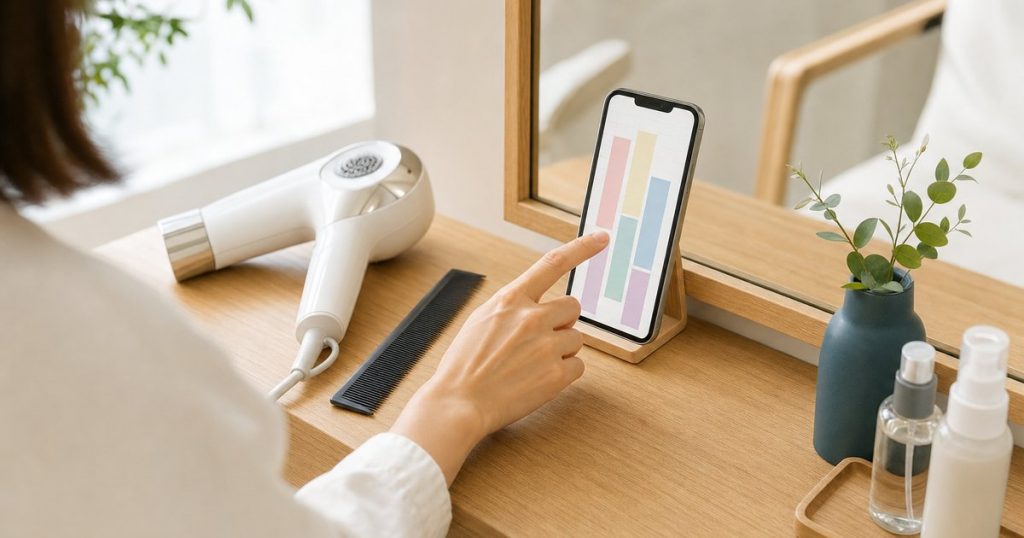 鏡台に立てたスマートフォンの予約の画面に、施術の合間に指で触れる手元。横にドライヤーとコームが置かれている