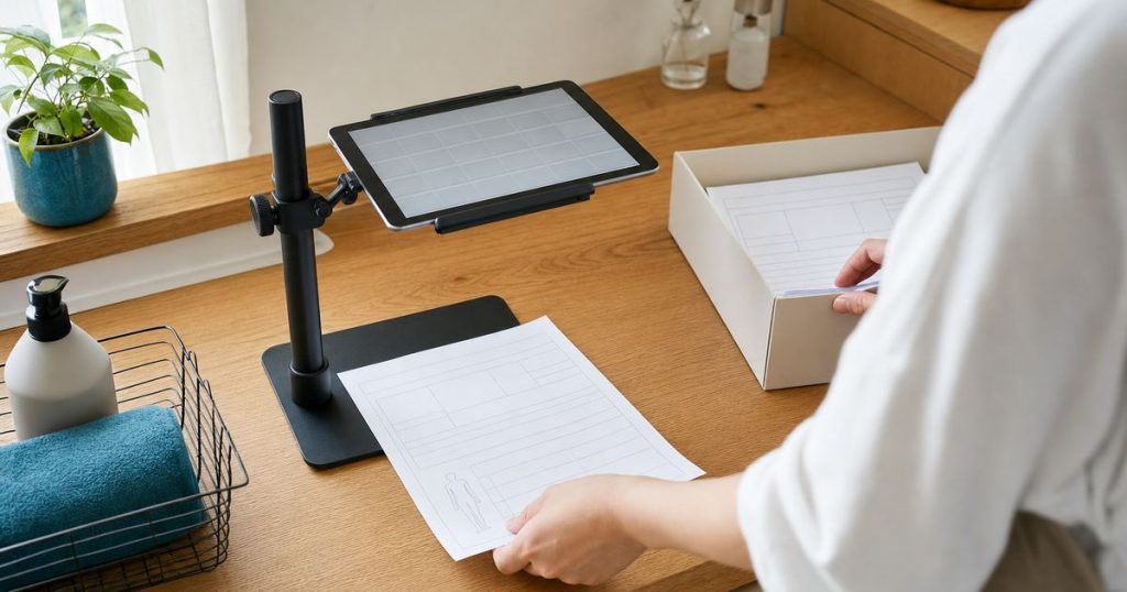 撮影用のスタンドに付けたタブレットの下に紙のカルテを置き、撮り終えた束を保管箱へ移している電子化の作業の手元