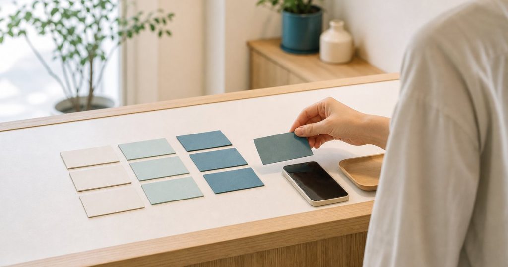受付のカウンターに、色の違うカードを段階ごとに並べている手元とスマートフォン