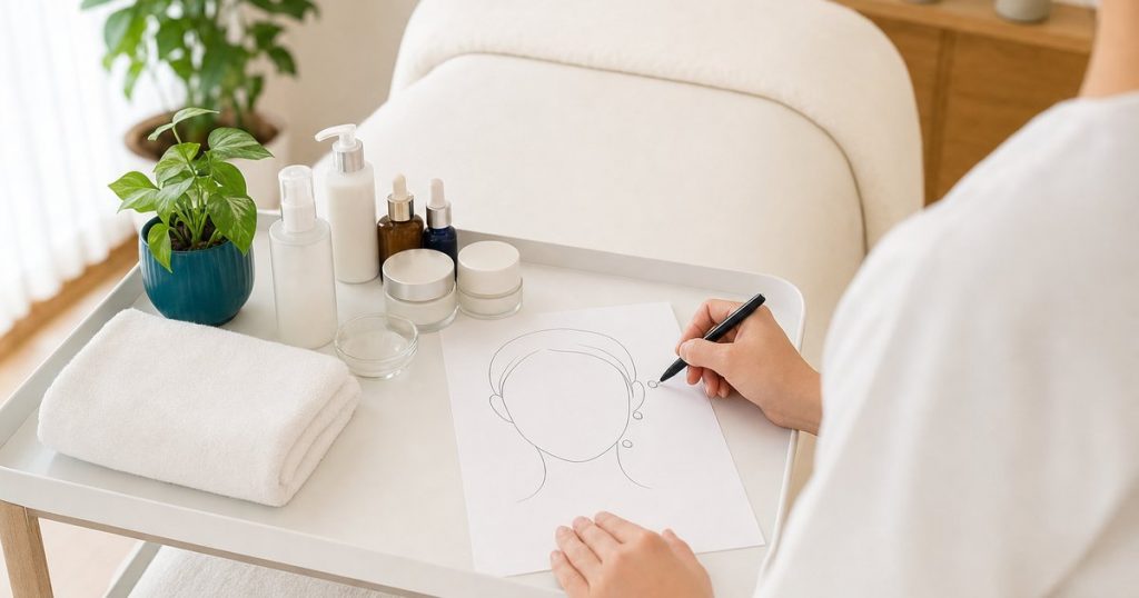 エステの施術室のワゴンの上で、顔の輪郭だけが描かれた記入用紙にペンで印を付けている手元。横にタオルと化粧品の瓶がある