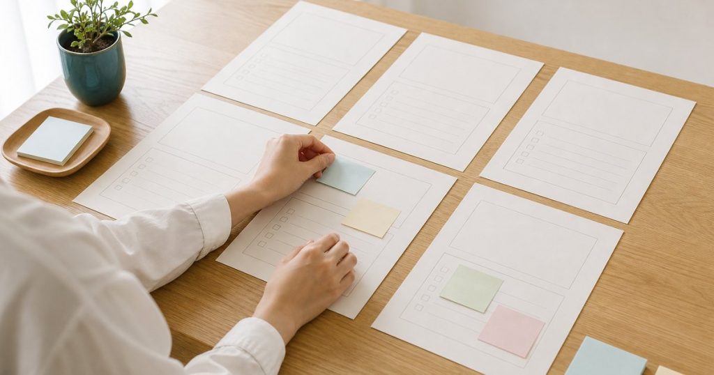 机の上に並べた何枚もの用紙に、付せんを貼って見比べている手元