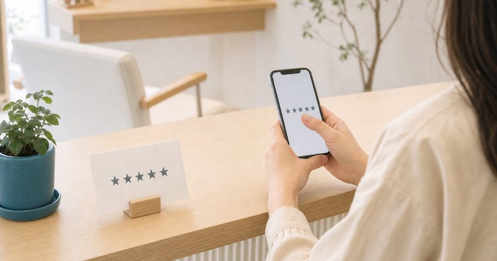 会計のあと、受付でお客さまが星の形が並ぶスマートフォンの画面に触れている様子。カウンターには星の絵の案内カードが立っている