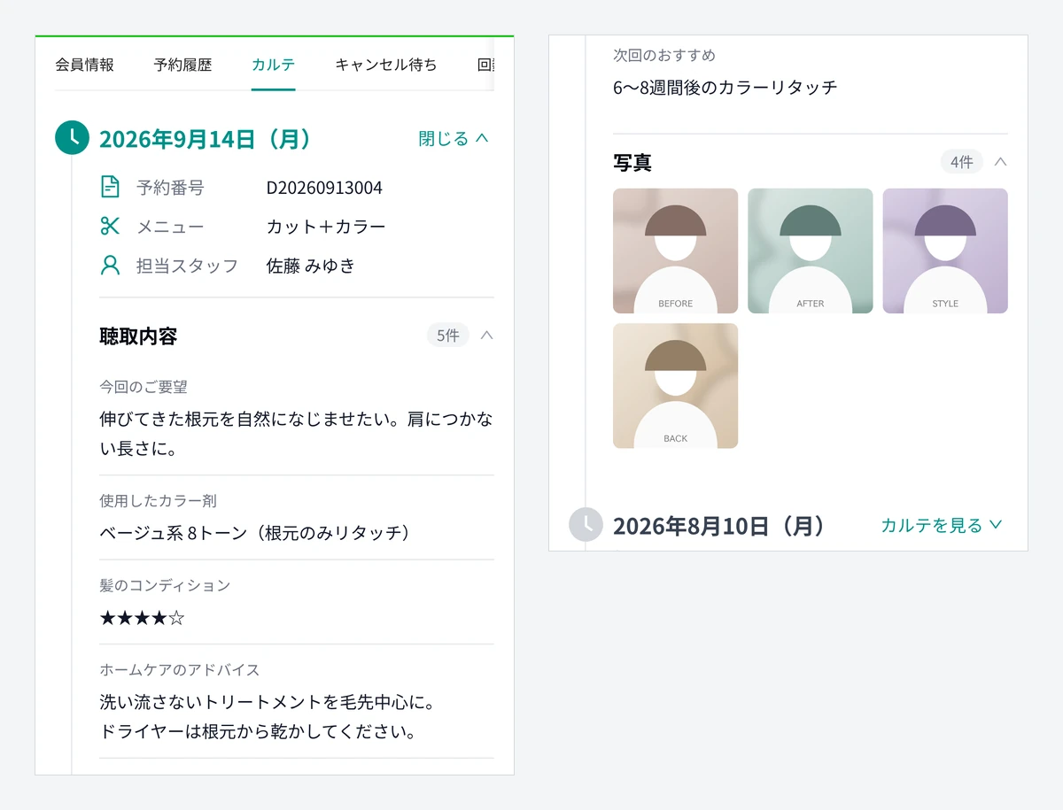 お客様の画面。LINE から開くカルテで、来店日・メニュー・担当スタッフ、聴取内容（今回のご要望、使用したカラー剤、髪のコンディション、ホームケアのアドバイス、次回のおすすめ）と施術の写真 4 枚が並ぶ（表示はデモデータ。写真は撮影用の抽象的な画像）