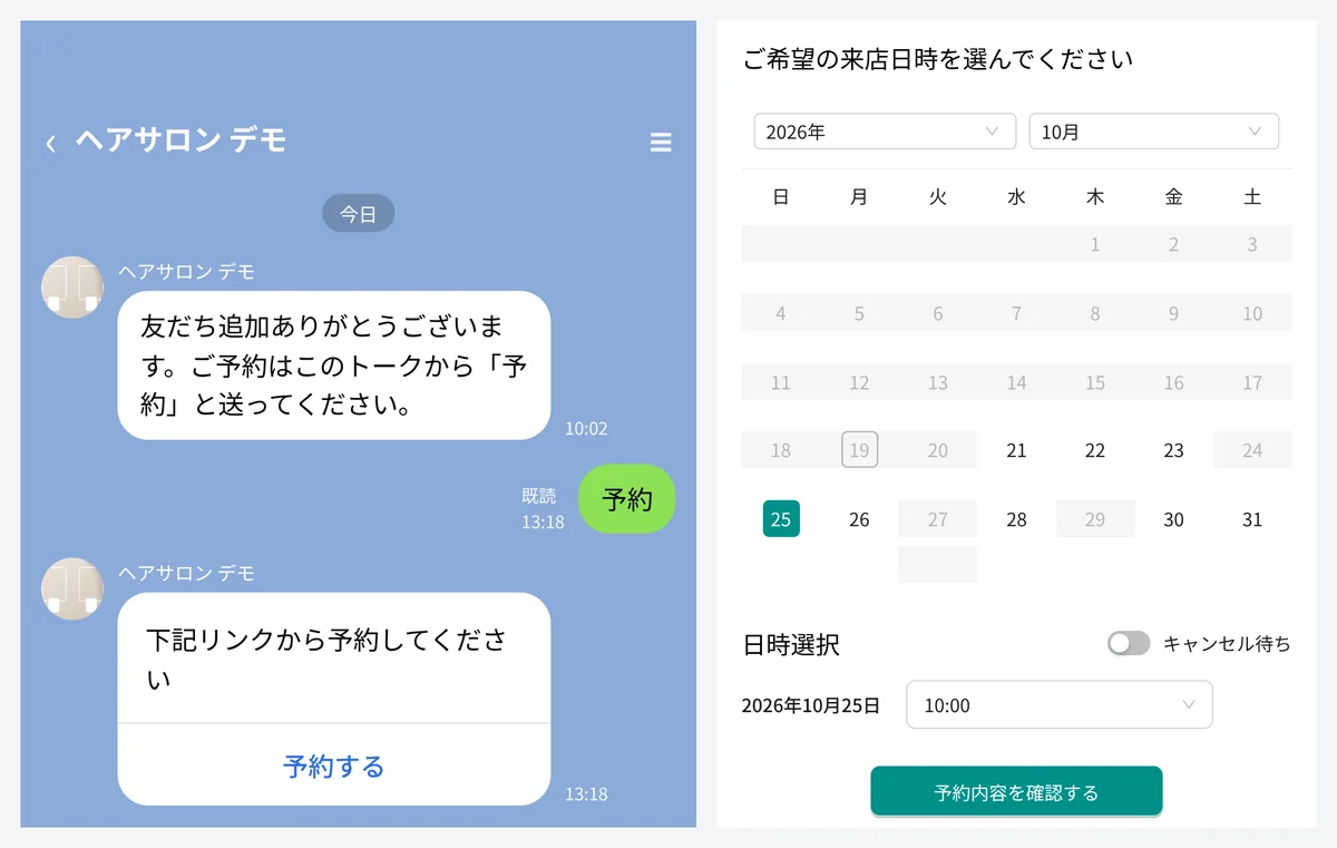 お客様の画面。左は LINE のトークで「予約」と送ると、「予約する」のボタンが返ってくる様子（LINE のトーク画面を模したモック）。右は予約サイトで来店日時を選ぶ画面で、カレンダーと時間の選択、キャンセル待ちのスイッチが並ぶ（表示はデモデータ）