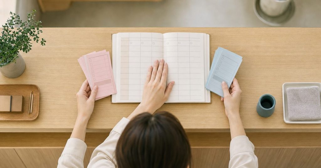 受付カウンターを真上から見た様子。色の違う二つの予約カードの束を、一冊の予約帳の同じ日にまとめている手元