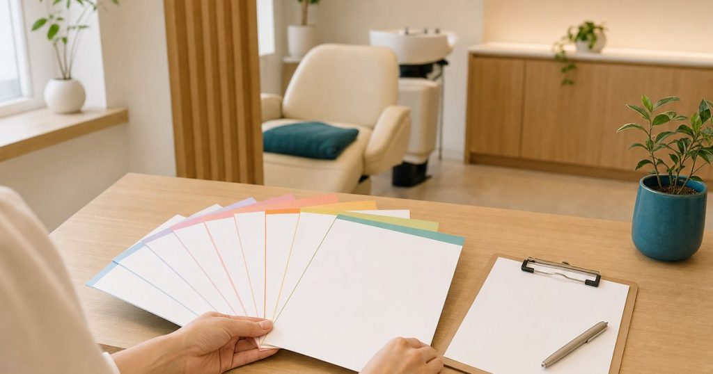 業種ごとに色分けしたカルテの用紙を扇形に広げた手元と、クリップボードに挟んだ記入用紙