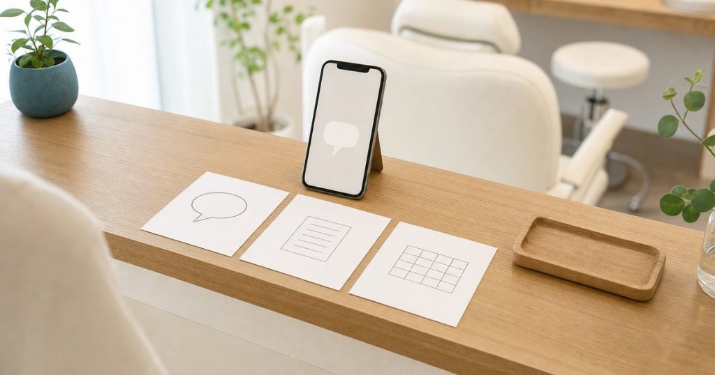 受付の案内台に立てた吹き出しの画面のスマートフォンと、その前に並ぶ吹き出し・用紙・予約の枠の絵の 3 枚のカード