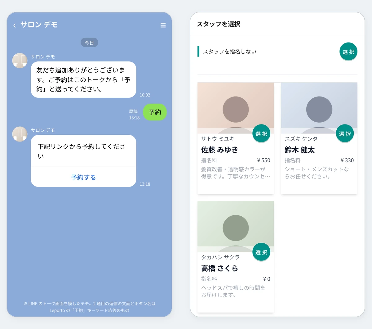 お客様の画面 2 つ。左は LINE のトークで「予約」と送ると「下記リンクから予約してください」の文と「予約する」のボタンが返ってくるところ(LINE のトーク画面を模したデモ)。右は予約サイトで指名料つきのスタッフか「スタッフを指名しない」を選ぶ画面。デモデータ