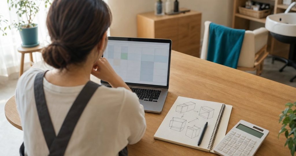 閉店後のスタッフルームで、ノートパソコンと手描きの設計図と電卓を前に考えている店主の後ろ姿
