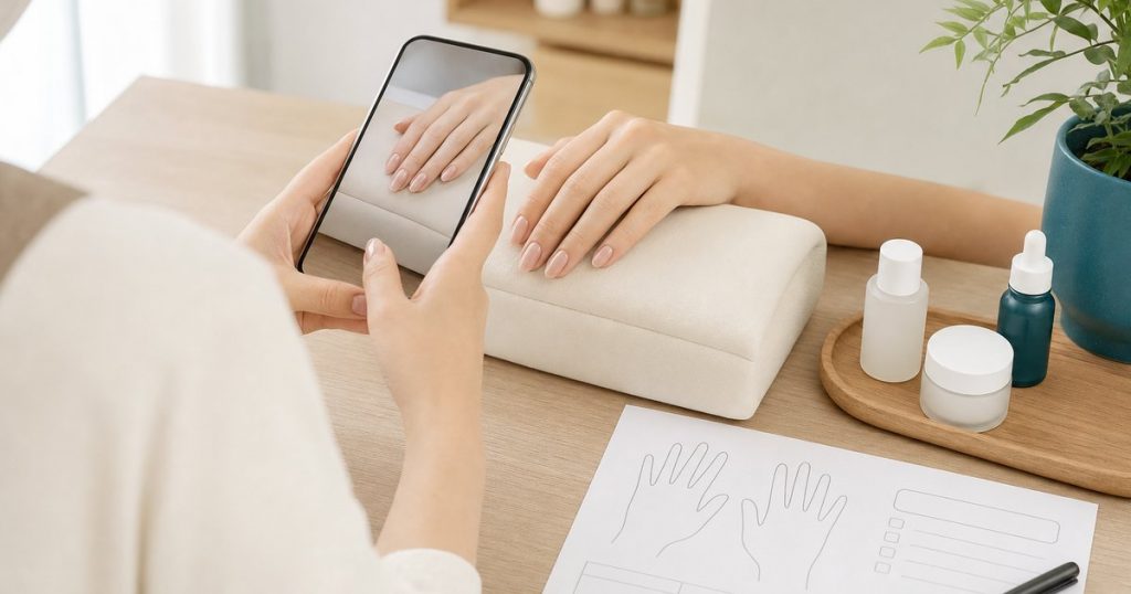ネイルの施術テーブルで、仕上がった指先をスマートフォンで撮る手元と、手の形の線画が描かれた記入用紙