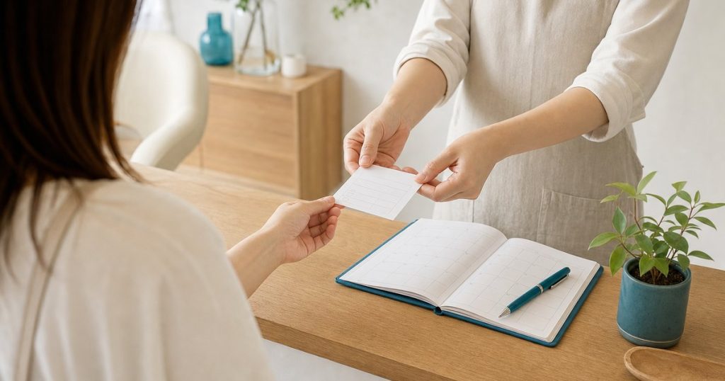 会計カウンターで、施術を終えたお客さまに次回の予約カードを手渡す様子。横に開いた予約帳とペンがある
