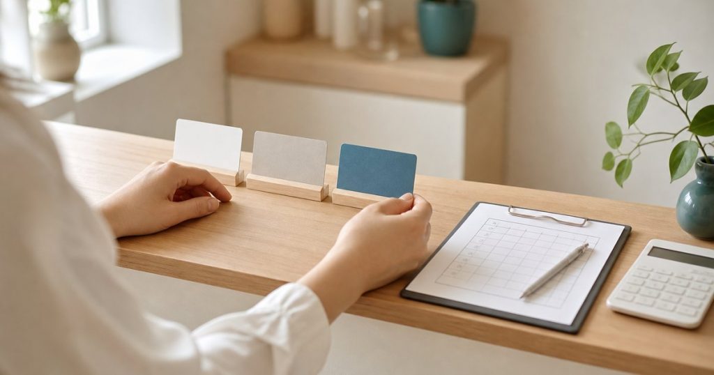 受付で、色の違う3枚のカードと料金表のボード、電卓を前にした手元