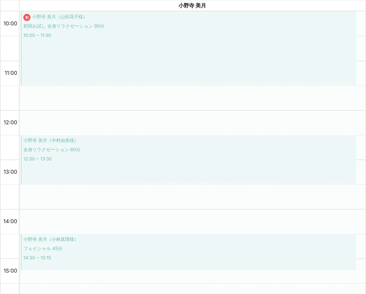 管理画面の予約表（日表示）。スタッフ 1 人の列に、10:00〜11:30 の初回の予約（初めての来店の印つき）、12:30〜13:30、14:30〜15:15 の予約が並び、間に空いた時間がある（表示はデモデータ）