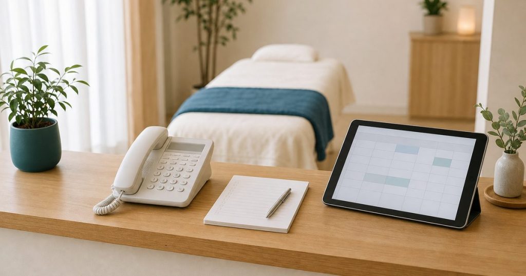 施術ベッドの奥の受付に並ぶ固定電話とメモ用紙、予約表のマス目が映るタブレット