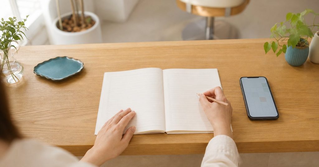サロンの受付カウンターで、罫線のノートに予約を書き込む手元と、横に置いたスマートフォン