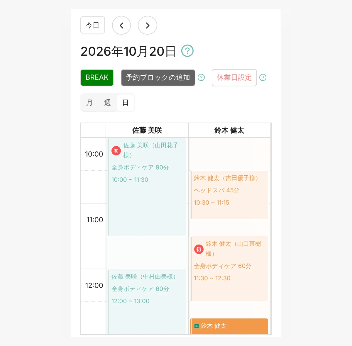 Leporto の管理画面の予約表をスマートフォンのブラウザで開いたところ。2026年10月20日の、スタッフ 2 人の列に、全身ボディケア 90分・ヘッドスパ 45分・全身ボディケア 60分などの予約と、初めてのお客様の「初」の印、休憩の枠が並ぶ（デモデータ）