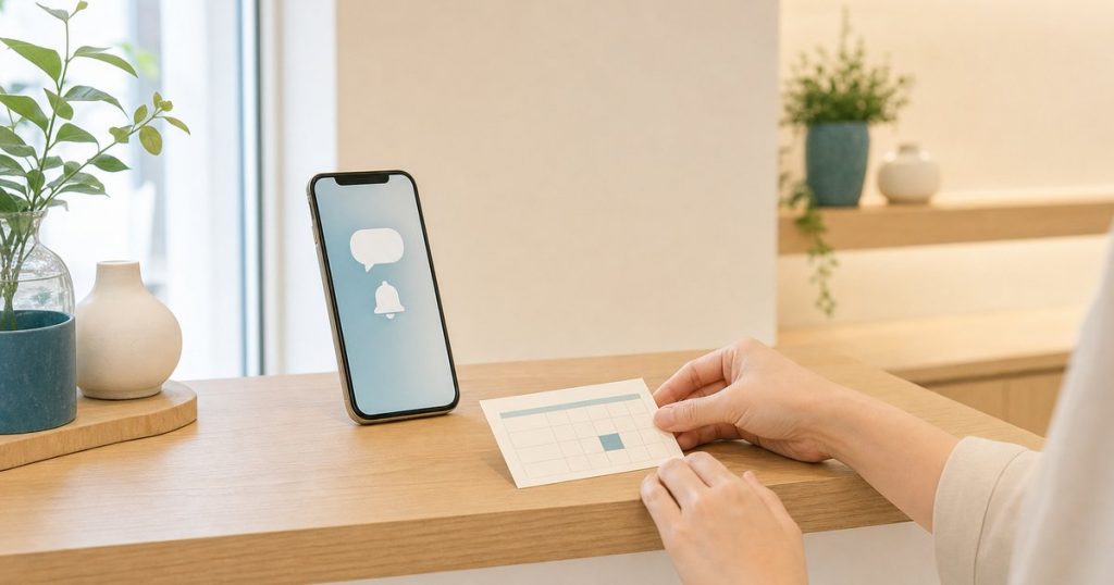 受付カウンターに立てた吹き出しとベルの画面のスマートフォンと、翌日の予約カードに手を添えている様子