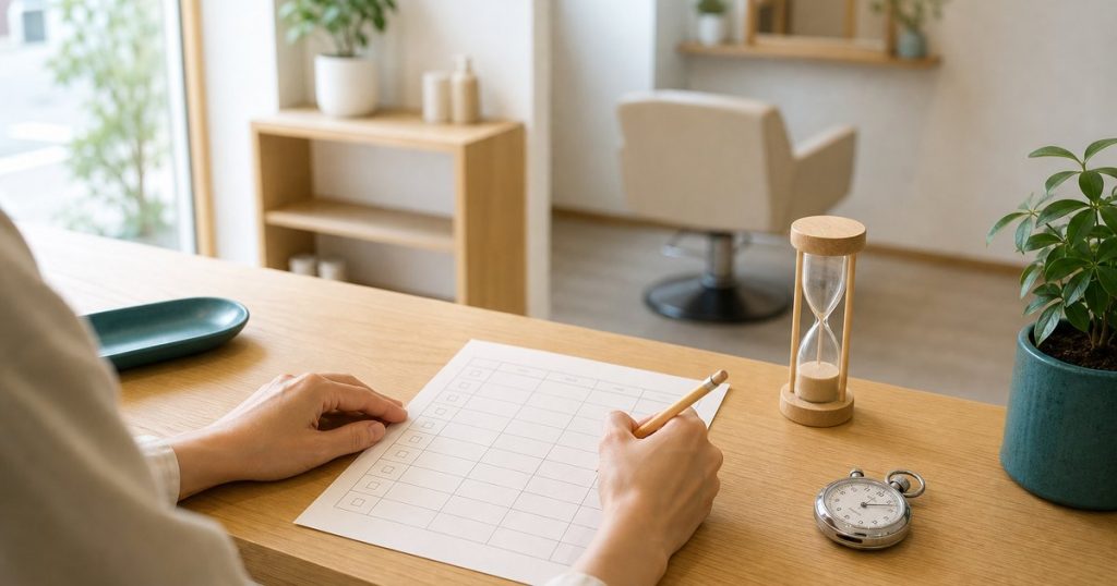 砂時計とストップウォッチを置いた机で、時間割の用紙に鉛筆で書き込む手元