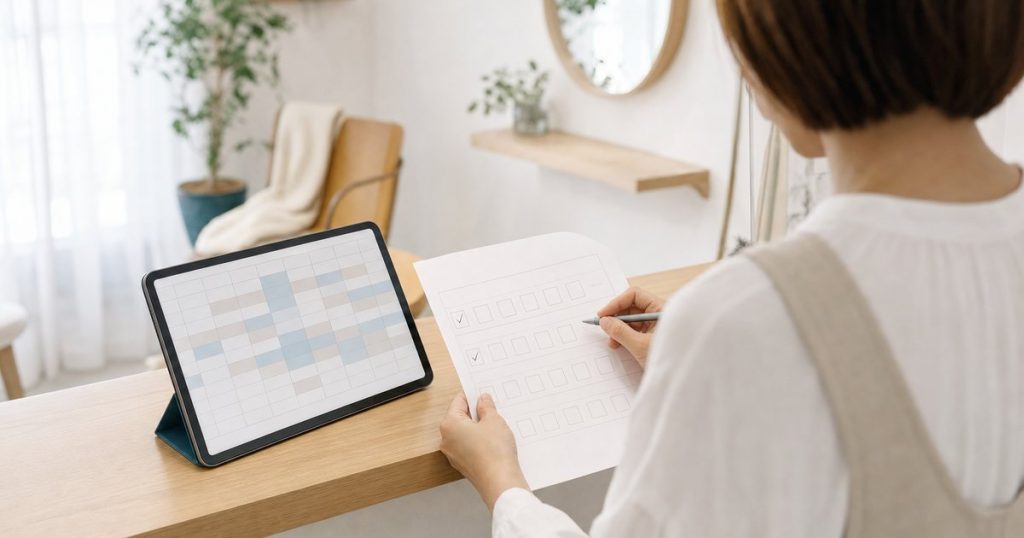受付で、予約の枠が並ぶタブレットを見ながら、試す項目のチェック用紙に印を付けている店主の肩越しの様子