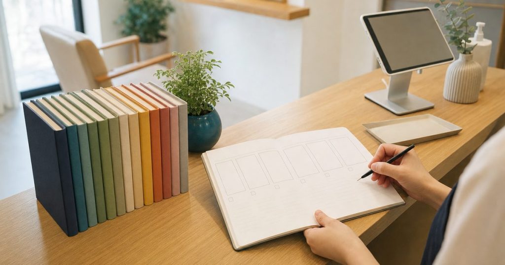 レジの横に月ごとに背表紙の色を変えたノートが並び、開いた一冊の空欄にペンで書き込もうとしている手元