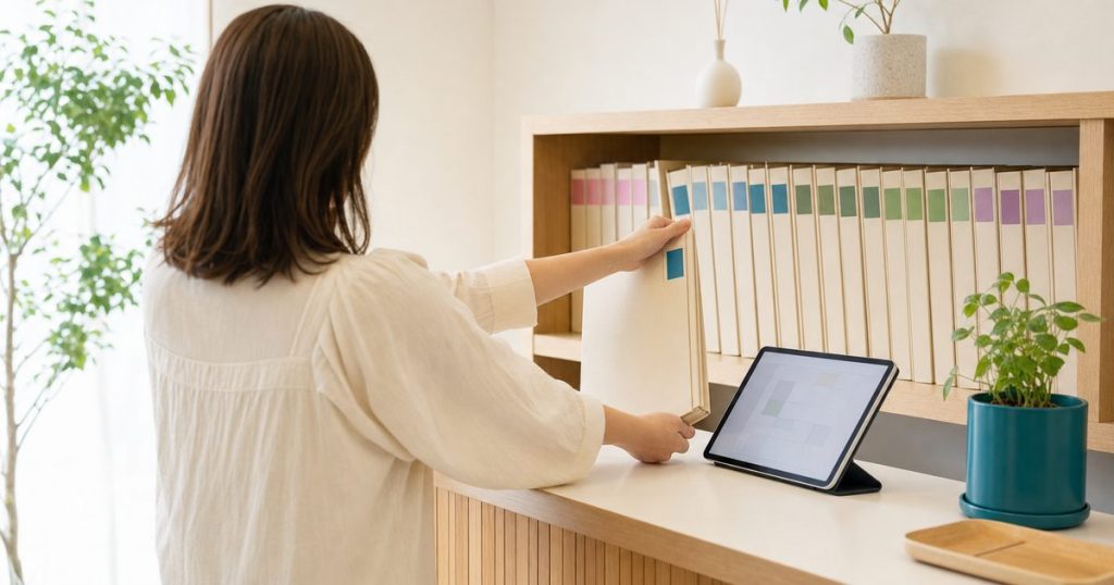 受付の奥の棚にそろえて並んだ色ラベルのカルテファイルから、一冊を取り出している店主の後ろ姿。手前にタブレットがある