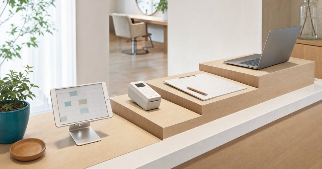 受付カウンターの階段状の台に、予約のタブレット、決済端末、カルテの用紙、ノートパソコンが左から順に並んでいる様子