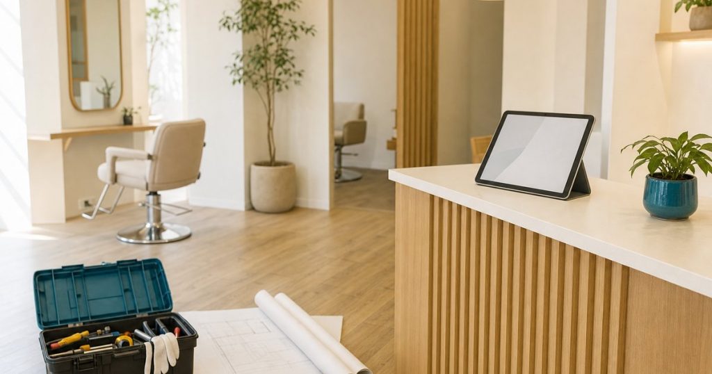 内装を終えたばかりの明るい美容室。床に工具箱と設計図が置かれ、受付カウンターにタブレットがある開業前の店内