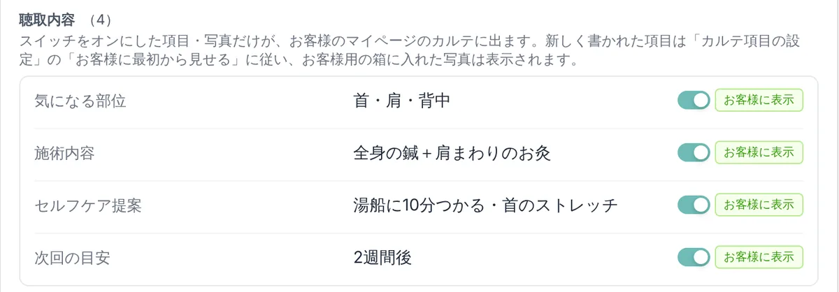 管理画面のカルテの聴取内容の欄。気になる部位(首・肩・背中)、施術内容(全身の鍼+肩まわりのお灸)、セルフケア提案、次回の目安(2 週間後)の 4 項目が並び、どれも「お客様に表示」のスイッチがオンになっている(表示はデモデータ)