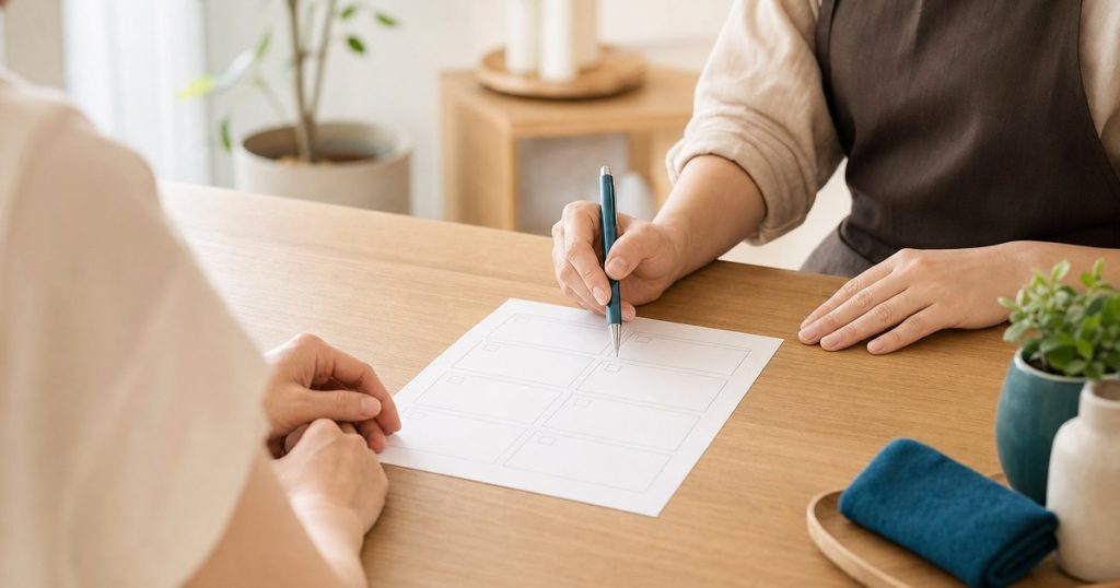 面談のテーブルで向かい合う二人の手元。評価の枠が並ぶ用紙の一つの欄を、片方がペン先で指している