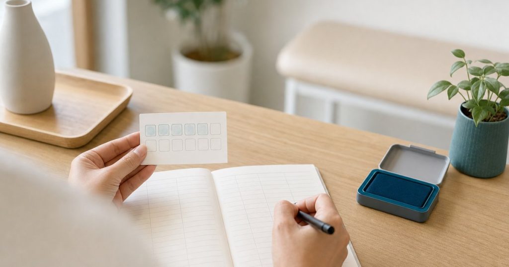 整体院の受付で、スタンプが半分押された回数券のカードを手に持ち、残りの回数を管理帳に書き込んでいる手元