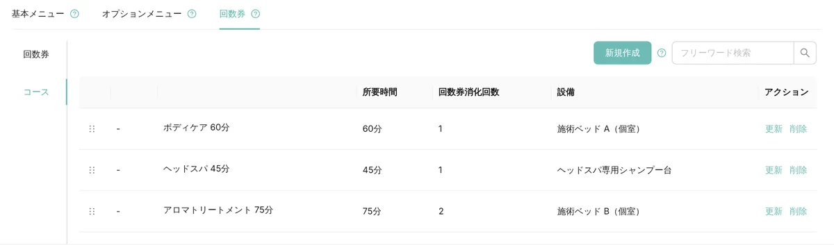 管理画面の回数券のコースの一覧。ボディケア 60 分（消化 1 回）、ヘッドスパ 45 分（消化 1 回）、アロマトリートメント 75 分（消化 2 回）が、所要時間・回数券消化回数・設備の列で並ぶ（表示はデモデータ）