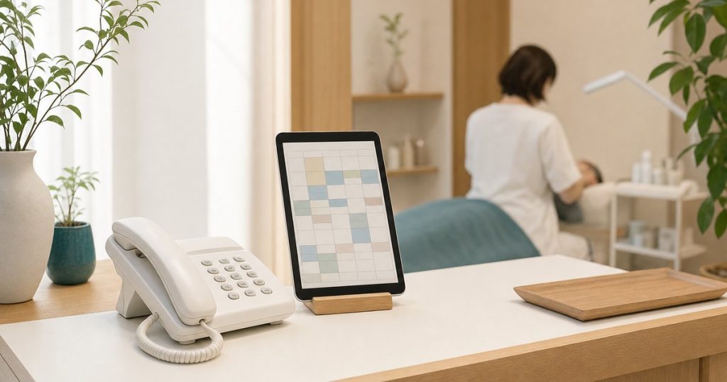 受付で受話器が置かれたままの電話と、予約の枠が埋まったタブレット。奥で店主が施術に集中している