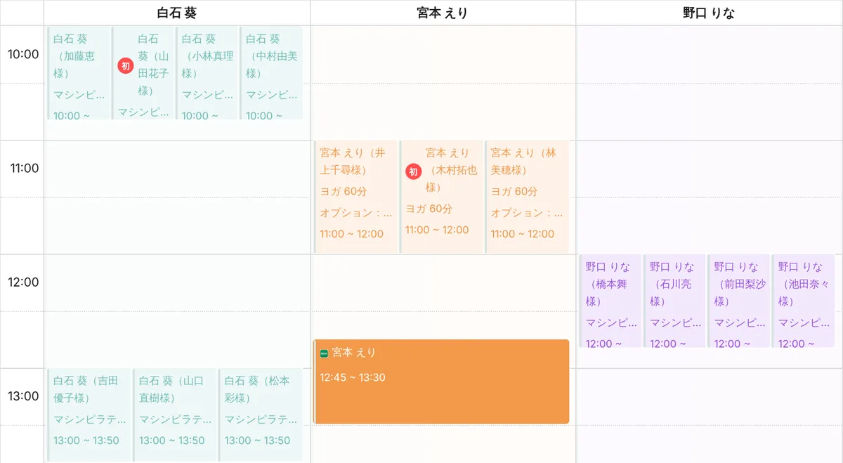管理画面の予約表（日表示）。講師 3 人の列があり、10 時の白石 葵の列にマシンピラティスの予約が 4 件、11 時の宮本 えりの列にヨガの予約が 3 件、12 時の野口 りなの列にマシンピラティスの予約が 4 件、横に並んでいる（表示はデモデータ）